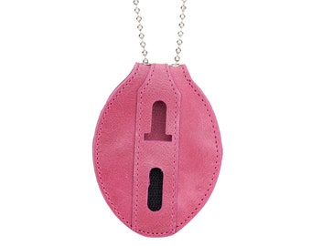 Dusty Rose Pink Full Grain Leather Oval Police Badge Holder Belt Clip - Optional to Use Around The Neck