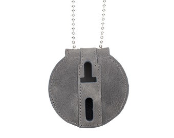 Police Round Round Badge Holder Gray Full Grain Leather with Belt Clip & Neck Chain