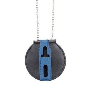 Fine ligne bleue et clip ceinture rond pour porte-badge de police en cuir pleine fleur noir - En option autour du cou