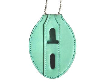 Police Full Grain Leather Oval Badge Holder, Turquoise : Belt Clip or Neck Chain