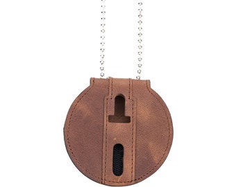 Saddle Brown Full Grain Leather Round Police Badge Holder Belt Clip - Optional to Use Around The Neck