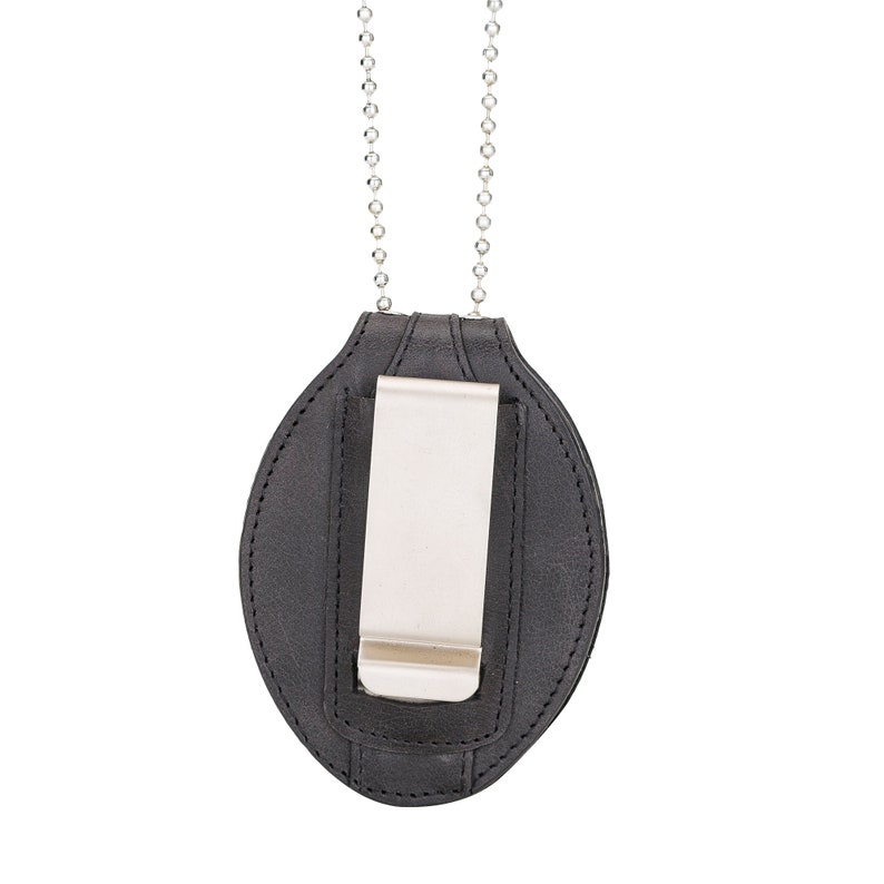 Black Full Grain Leather Oval Police Badge Holder Belt Clip Etsy