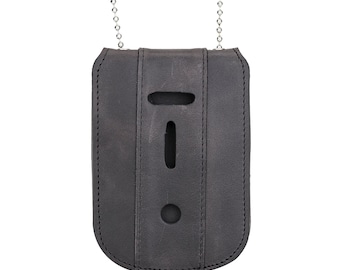 Black Full Grain Leather Police Badge Holder with Hidden ID Storage
