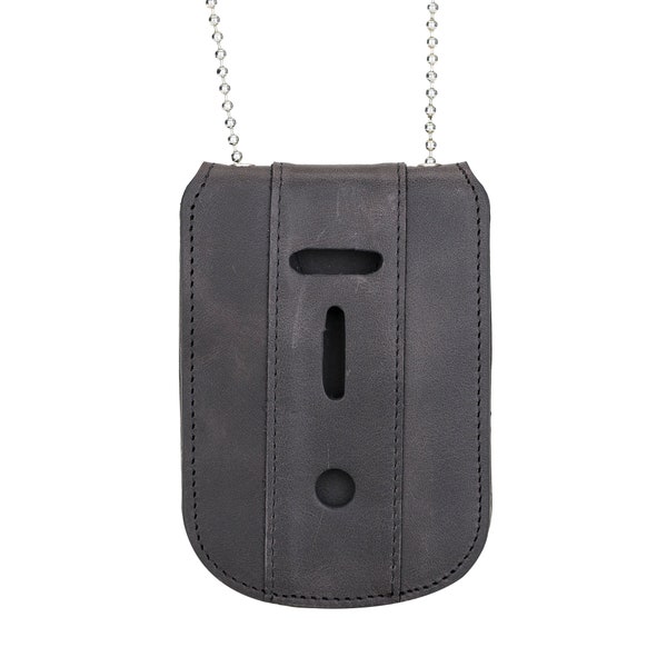 Black Full Grain Leather Neck Chain Police Badge and ID Holder with Extra Hidden Inside ID Card Storage