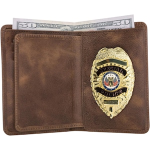 Cartera con placa de policía de cuero de grano completo de ajuste universal, color marrón silla de montar
