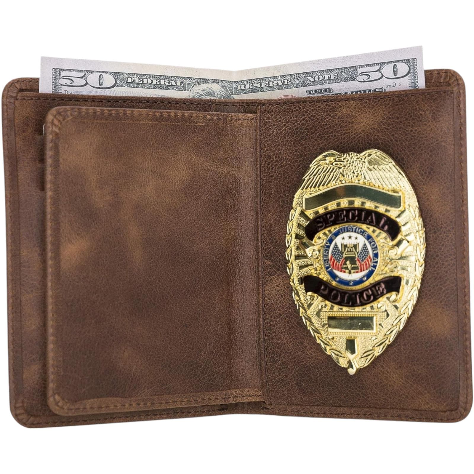 Police Badge Wallet Universal Fit Full Grain Leather-Saddle Brown