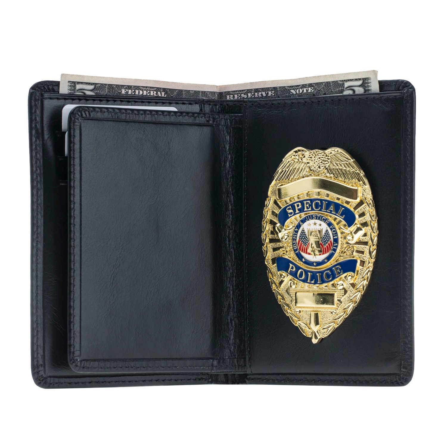 Genuine Leather Tri Fold Badge Holder Wallet Black, Police Badge Holder