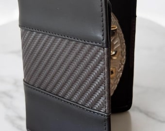 Police Badge Wallet  All Leather Universal Fit- Carbon Black Leather for Pin Back Badges