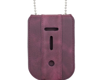 Purple Full Grain Leather Neck Chain Police Badge and ID Holder with Extra Hidden Inside ID Card Storage