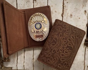 Police Leather Badge Wallet, For Pin Back Badges-Tooled Brown