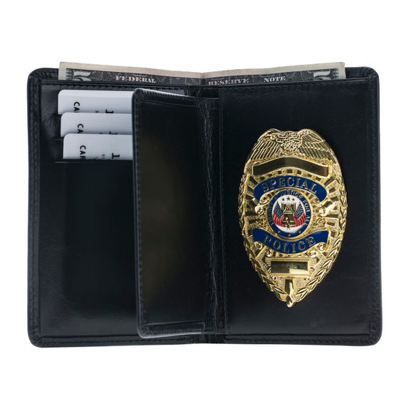 US Police Wallet Badge Holder Bifold Wallet Black Leather