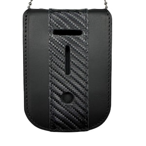 Cadena para el cuello de cuero de grano completo color negro carbón, porta credencial de policía y portatarjetas de identificación con espacio interior oculto adicional para guardar tarjetas de identificación