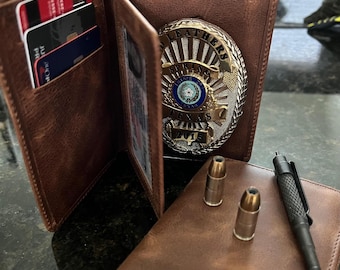Police Badge Wallet Universal Fit Full Grain Leather-Saddle Brown