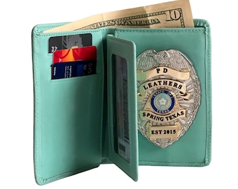 Police Badge Wallet  All Leather Universal Fit- Turquoise