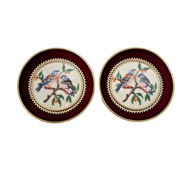 Vintage Set Of 2 Birds Cross Stitch Embroidery Velour Trimmed Circular Frame Art
