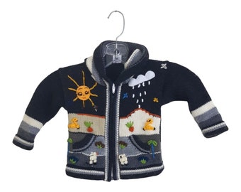 Vintage Kids Wool Blend Hand Knit Sweater Hoodie 3D Prints Animals Sun Plants