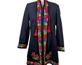 Vintage Embroidered Duster Coat Womens S Black Colorful Floral Mandarin Collar