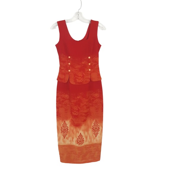joseph ribkoff orange dress Joseph Ribkoff Ruched Boatneck Orange Red Midi Dress Women's 4 3/4 Sleeve