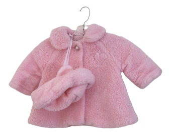 Vintage Girls Coat 12 Months Pink Faux Sherpa Matching Hat Quilted Lining Button