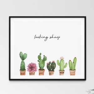 May include: A framed print with the text "looking sharp" and a row of seven watercolor cactus plants in pots.