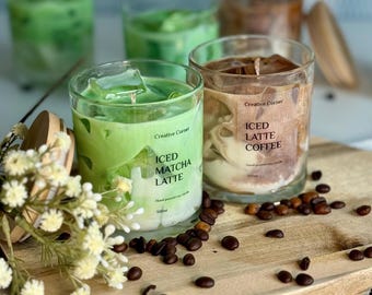 Iced Latte Kaars 300 ml | Handgemaakte geurkaars Iced Matcha Latte | Koffiegeurkaars met ijsblokjes | Cadeau voor haar