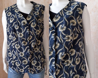 Vintage Blue vest Folk Vest Vintage jacket Patchwork style L Size vest flowers Bohemian Jacket for woman Vest for woman