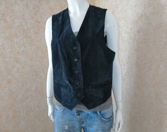 gilet vintage. Gilet en daim. 1970". Gilet bleu. Veste vintage. Style patchwork. Gilet taille S. Gilet bohème en cuir. Veste pour femme