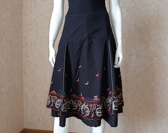 Vintage black cotton embroidered skirt, Midi Skirt, Brand second hand, office business style, folk skirt, Made by Vero Moda, Womens M S 36