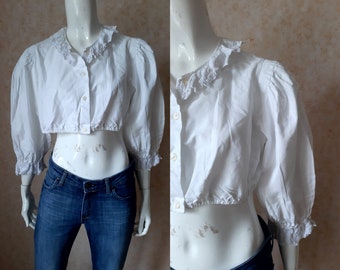 Vintage Cotton White Trachten shirt, Long sleeve shirt size 40, US 8  Vintage 1970s Cotton Womens shirt Hippie Clothes Boho Clothing