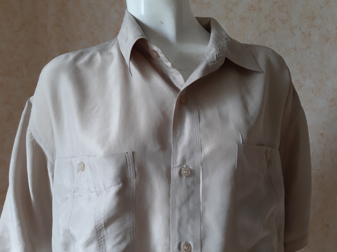 Vintage Men's Silk Brown Fabric Shirt SIZE S, Vintage Shirt, Vintage men's Shirt, Brown Silk Shirt, Silk Shirt, Foto 4 von 5