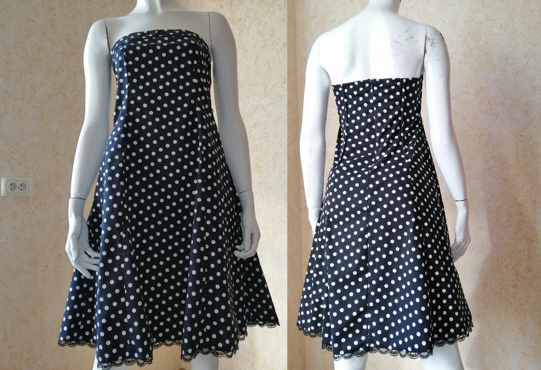 Vintage Polka Dot Pleated Dress Black Embroidery Elegant Style