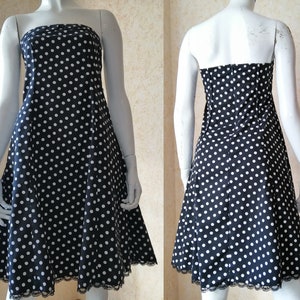 Vintage black polka dots dress bustier. Еvening dress. Elegant dress.  Dance dress. Dress with flared hem. Size М.