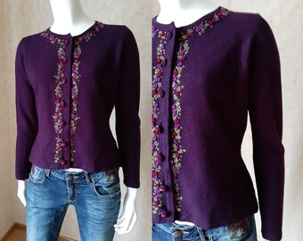 Vintage sweater, Vintage Violet sweater, Wool sweater, Long sleeve, Blouse Casual, Embroidered sweater, Boho Clothing, M size sweater