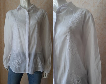 Chemise vintage, chemisier blanc vintage, chemise en coton, chemise pour femme, manches longues, hauts décontractés, vêtements hippies, vêtements bohèmes taille L US 10 chemise