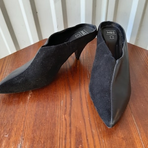M&S Black Leather Suede Mules, Summer Shoes, Mule Sandals, Heel Mules, Pointed Slides, Women's 38 EU / 8 US / 5,5 UK