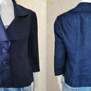 Vintage Blazer Linen Jacket Women Blazers blue Coat Size M Vintage Lady Button blazer Office jacket clasic jacket