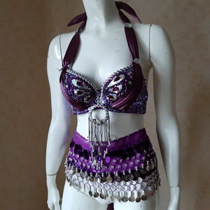 Vintage Belly Dance Costume Set BRA+Belt sexy party evening Violet Belly Dance
