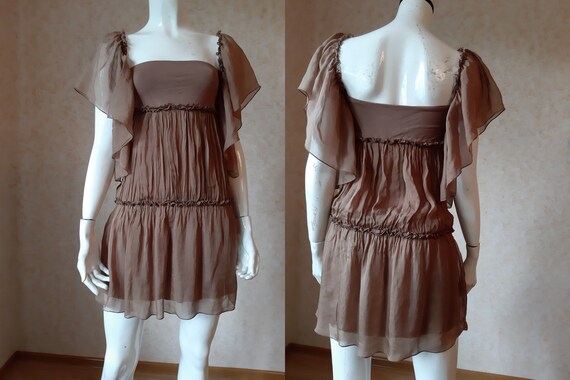 Vintage Silk Brown dress Size M Flirty Festival S… - image 1