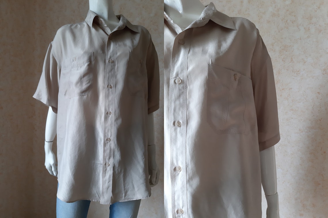 Vintage Men's Silk Brown Fabric Shirt SIZE S, Vintage Shirt, Vintage men's Shirt, Brown Silk Shirt, Silk Shirt, Foto 2 von 5