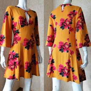 Vintage Orange Colour Flowers Print 3/4 Sleeve Dress Size M Flirty Everyday Summer Dress Festival Summer Dress Cocktail Dress