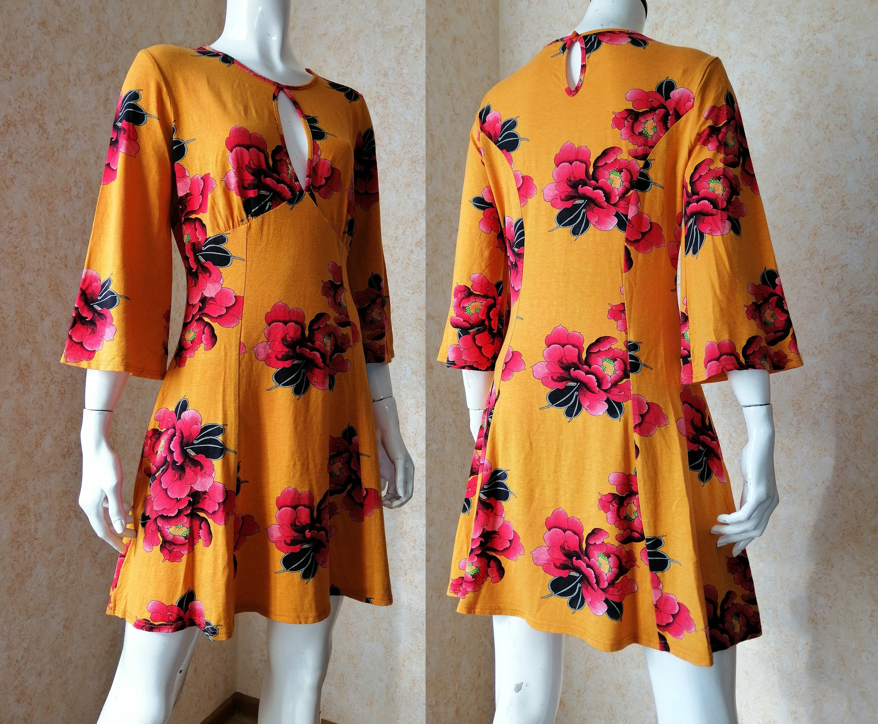 Vintage Orange Colour Flowers Print 3/4 Sleeve Dress Size M - Etsy