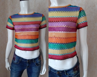 Vintage Knitted Shirt, Vintage multicolored Blouse, Tops Casual, Hippie Clothes, Womens Clothing, Size S US 4 Shirt, Sexy Shirt