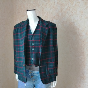Vintage plaid blazer+vest Vintage Green Jacket Women Blazers Gray Coat Size XL Vintage Lady Button blazer Italy blazer