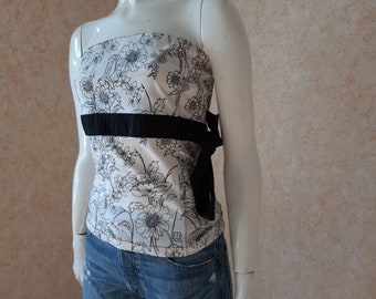 Vintage Corset White Black Prom Party Bustier Bodice Hooks up Sweetheart Bust Victorian style Corset Floral Bustier S/M size