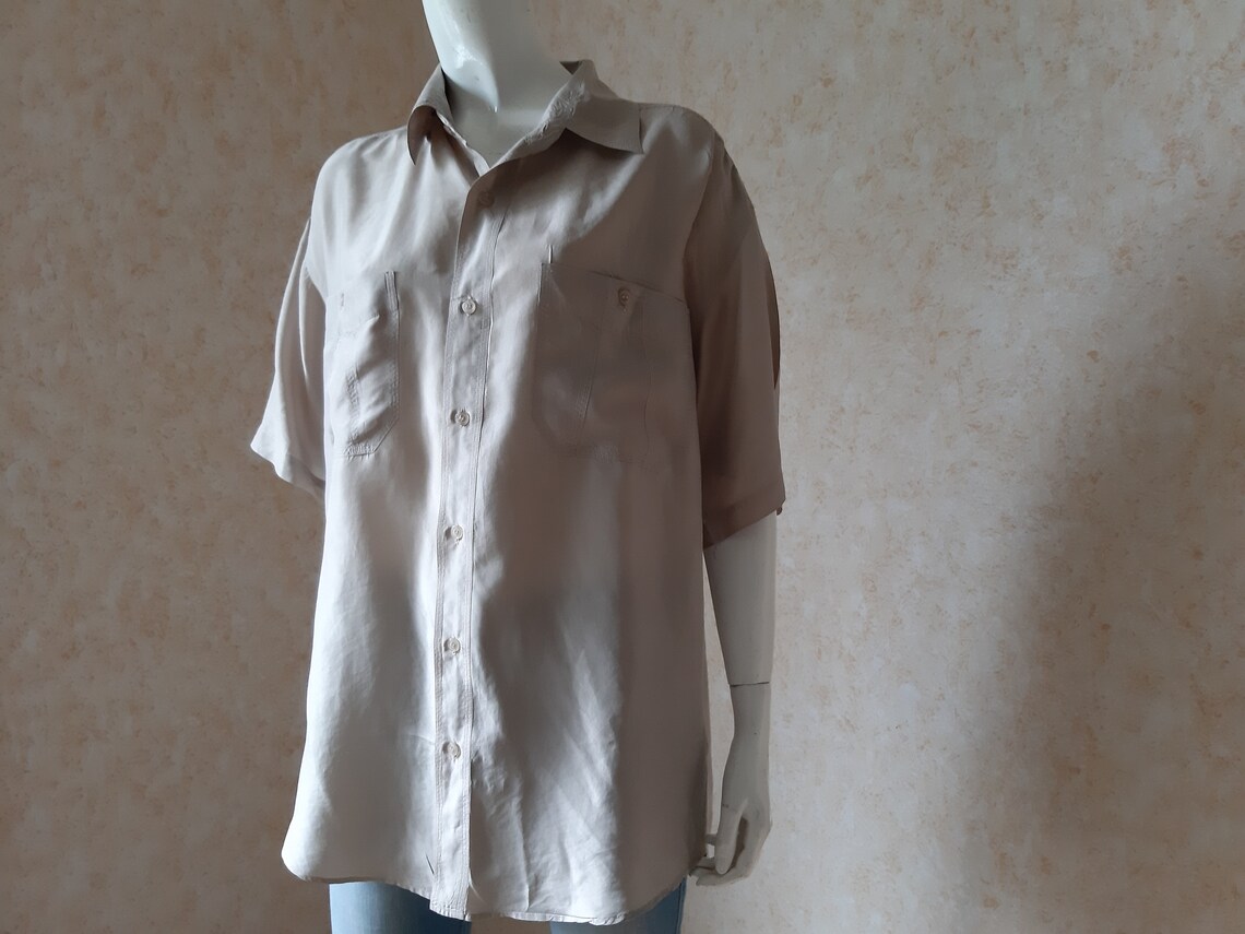 Vintage Men's Silk Brown Fabric Shirt SIZE S, Vintage Shirt, Vintage men's Shirt, Brown Silk Shirt, Silk Shirt, Foto 3 von 5