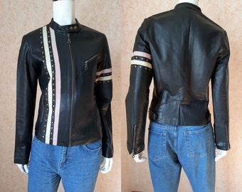 Vintage Fishbone Black Leather Blazer Jacket Women Blazers Black Coat Size S Vintage Lady Button blazer Women Motorcycle Leather jacket