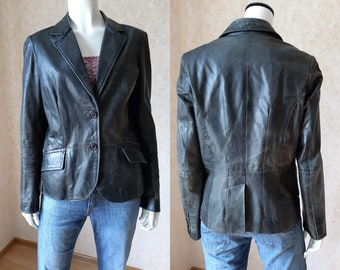 Vintage Women Leather Blazer Jacket Women Blazers Coat Size M Vintage Lady Button Leather blazer Office jacket Classic jacket