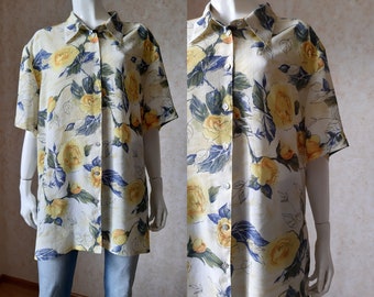 Vintage Flowers Shirt, Vintage White Blouse, Women bohemian blouse, Tops Casual, Hippie Clothes, Boho Clothing, XL size Shirt Women Shirt