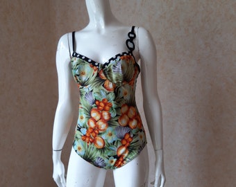 Vintage badpak uit de jaren 70 en 80, badpak, maat 10 of small, badpak met bloemenprint, badpak uit één stuk