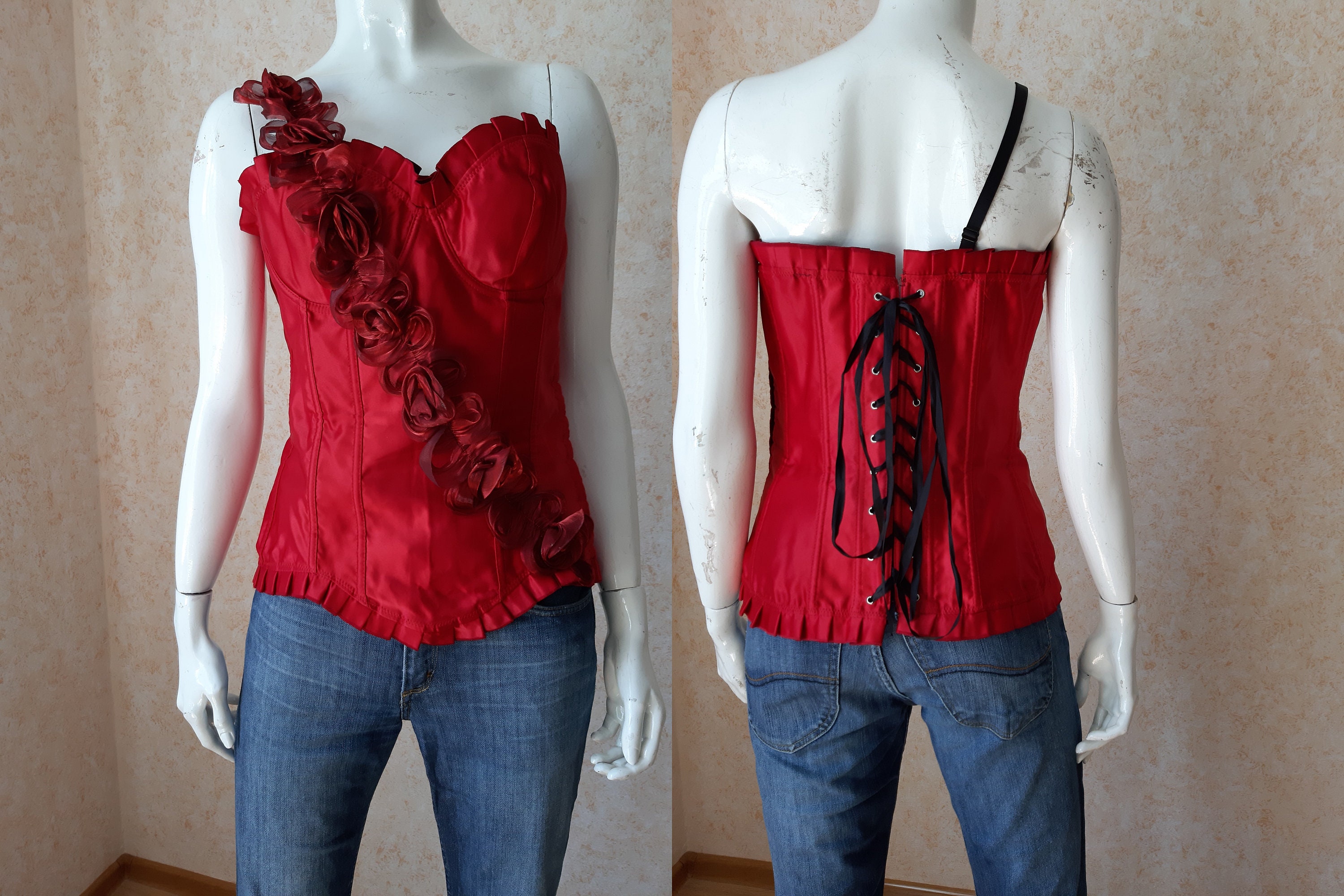 Vintage Red Vaacodor Corset Prom Party Bustier Bodice Hooks up Sweetheart  Bust Victorian Style Corset Floral Bustier XL Size 